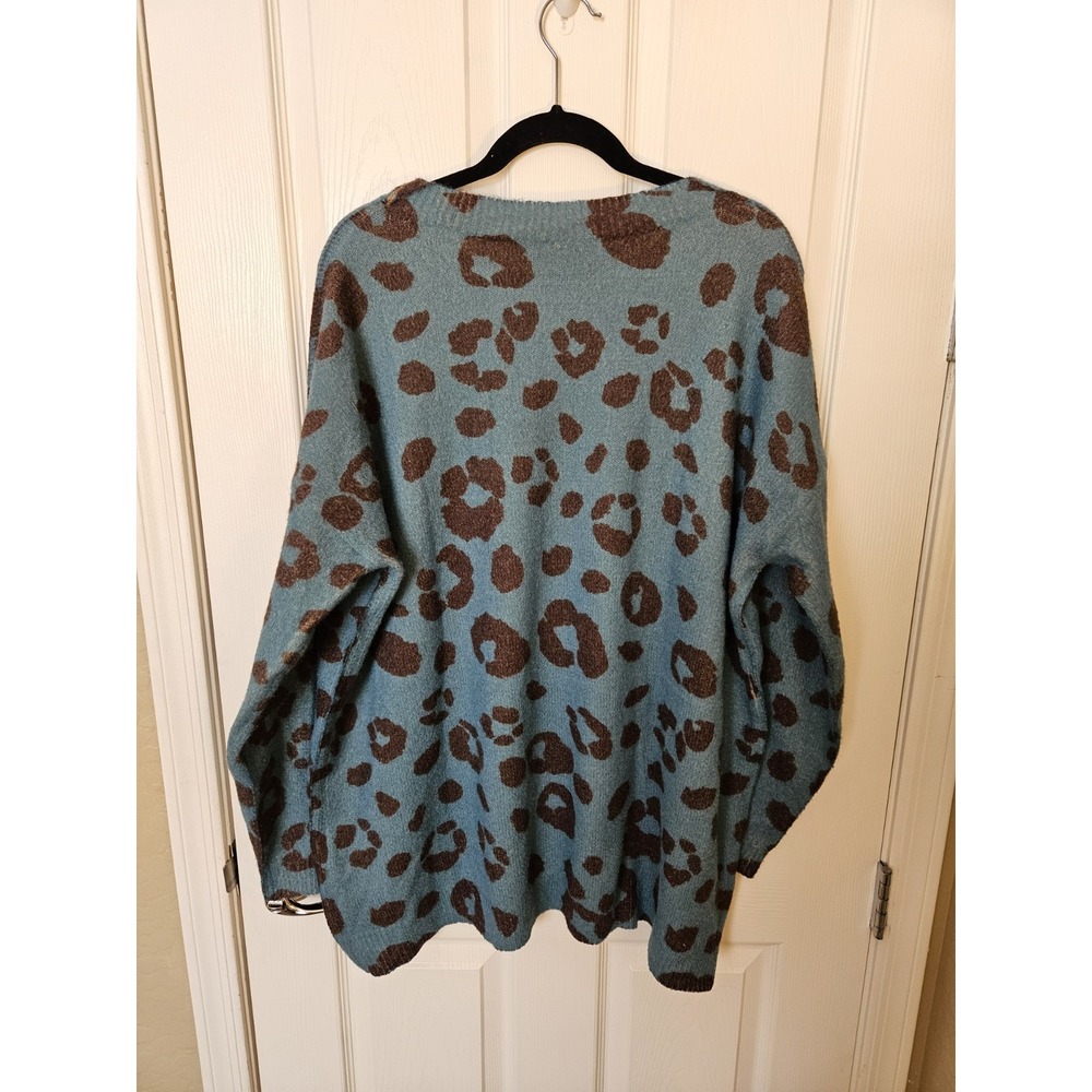 Blue & Brown Leopard Print Wool Blend Drop Shoulder Pullover Sweater, Plus 3XL - Picture 3 of 5